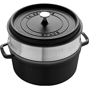 STAUB Geëmailleerde gietijzeren stoofpan met deksel en stoommand, voor alle warmtebronnen inclusief inductie, 4 tot 5 personen, rond, 26 cm, 5 l, 7,2 kg, mat zwart