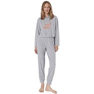 Trendyol Ensemble de pyjama en tricot moyen pour femme avec slogan, gris, XXL