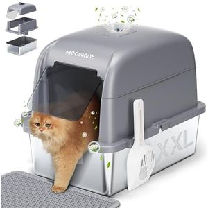 MeoWant Kattenbak van roestvrij staal, XXL, kattenbak met schep, gesloten type in U-vorm, afneembaar kattentoilet met verborgen actieve koolbox aan de bovenkant