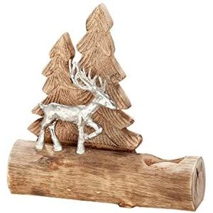 GILDE Theelichthouder - Kerstdecoratie van aluminium en hout - Motief: hert en dennenboom - 23,5 cm