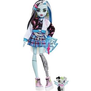 Monster High Frankie Puppe: de Frankie Stein Pop draagt elektrische mode met een geruite rok, een blouse met glitterprint en een vest met steekdetails.