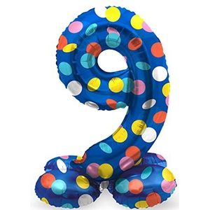 Folat 64789 Verjaardagsballon, cijfers, staande 9 kleurrijke stippen, blauw met kleurrijke stippen, 41 cm, verjaardagsdecoratie, ballonnummer, geen helium nodig, kleurrijk