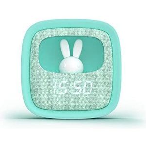 Billy Clock wekker en nachtlampje voor kinderen, motief haas, stof en kunststof, soft-touch programmering, datum, tijd en 3 alarmen, instelbare helderheid, turquoise blauw, mob