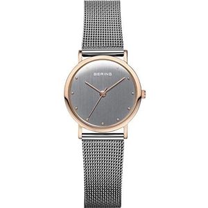 BERING Dames analoog kwarts klassieke collectie horloge met armband van roestvrij staal en saffierglas, Grijs/Roze, grijs/roze