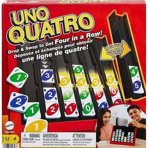 Mattel Games UNO Quatro Game met gekleurde tegels en plastic spelrooster voor volwassenen, familie en spel nacht, 2 tot 4 spelers, leeftijd 7 jaar & up