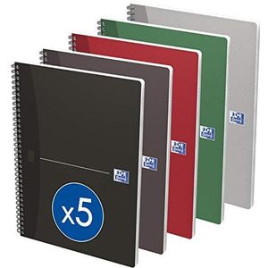 OXFORD Essentials Notitieboekje, A4, groot, geruit, 180 pagina's, spiraalbinding, omslag, kaarten, verschillende kleuren, 5 stuks