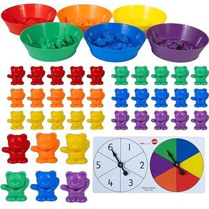 Sorting Bears with bijpassende bowls – Early wiskunde manipulatieven – 68 stuks – 60 Bear Counters, 6 bowls & 2 game spinners –