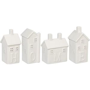 Relaxdays Set van 4 theelichthouders van keramiek voor 1 theelichtje, theelichthouder, theelichthouder met home-opschrift, wit, 6 cm