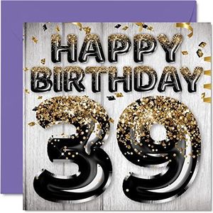 Verjaardagskaart voor heren, 39 jaar, ballonnen, zwart, goud, glitter, verjaardagskaarten voor mannen, vriend, broer, vader, oom, 145 mm x 145 mm