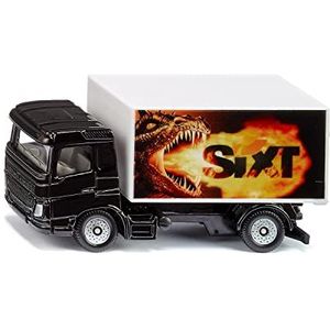 siku 1107, vrachtwagen met kassa Sixt, speelgoedvrachtwagen, metaal/kunststof, zwart/wit, achterklep voor het openen, draak