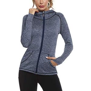 Sykooria Sportjack voor dames, hardlopen, lang, sport, dames, lange mouwen, met zakken, licht, capuchon voor dames, met ritssluiting voor fitness, hardlopen, yoga, marineblauw