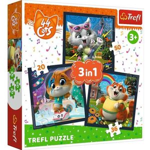 Tréfl – 44 Cats, ontmoet schattige kittens, puzzel 3-in-1, 3 puzzels, 20 tot 50 elementen, puzzels met sprookjesfiguren, 44 katten, entertainment, voor kinderen vanaf 3 jaar