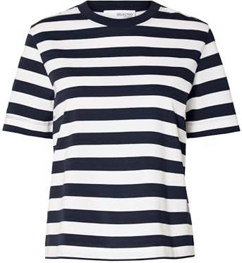 Selected Femme Slfessential Ss Striped Boxy Tee Noos T-shirt voor dames, Dark Sapphire