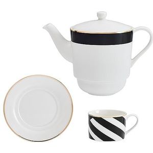 Mikasa Luxe Deco Theeservies voor één persoon, porseleinen theepot, kop en schotel, stapelbare theeservies, vaatwasmachinebestendig