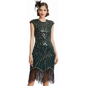 Babeyond Damesjurk met pailletten, jaren '20-stijl, ronde hals, geïnspireerd op The Great Gatsby-kostuumjurk, Dunkelgrün Gold, M
