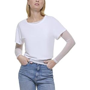 DKNY Twofer T-shirt met korte mouwen en mesh top met lange mouwen voor dames, Wit