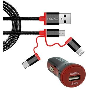 WRC 007272 autolader: Micro-USB-kabel, USB-C, Lightning, sigarettenaansteker, 2,4 A