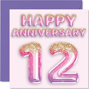 Schattige verjaardagskaart van zijde voor vrouwen, vriendin, echtgenoot, vriend, glitterballonnen, ballonnen met roze paars - wenskaarten voor de 12e verjaardag van de familie, 145 mm x 145 mm