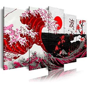 DekoArte - Moderne kunstdruk op canvas met kunstfoto's | Decoratief canvas voor uw woonkamer of slaapkamer | Abstracte en moderne kunst De grote golf van Kanagawa rood | 5 stuks 150 x 80 cm