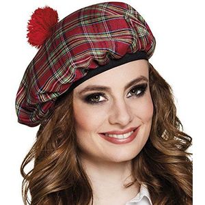 Boland 81225 - Baret Mrs. Tartan rood geruit met rode pompons en elastiek voor carnaval