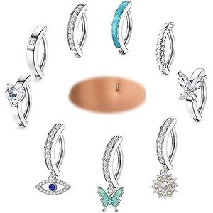 Finrezio 9 stuks 14 g clicker navelpiercing roestvrij staal voor vrouwen navelpiercing gebogen CZ ring buik vlinder piercing sieraden