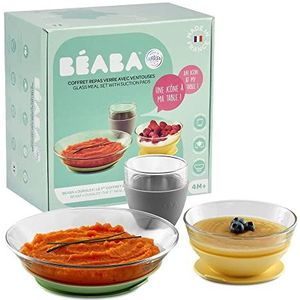 BÉABA & Duralex, Kinderlunchset van glas, bord, kom, glas met siliconen zuignap, ergonomisch, schaalbaar, gezond, duurzaam, gemaakt in Frankrijk, geel