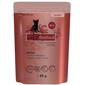 catz finefood Nr. 3 Gevogelte Fijn voer voor natte katten, geraffineerd met veenbessen en paardebloemen, 16 x 85 g zak