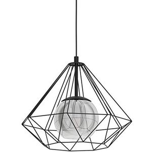EGLO Vernham Hanglamp met 1 lichtpunt, vintage, industrieel en retro, van staal en gestoomd glas, zwart, zwart-transparant, eettafellamp, hangend met E27-fitting, diameter: 44,5 cm