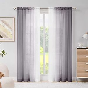 Melodieux Ombre grijze transparante gordijnen - naadloze kleurovergangen, voile met stangdoorvoer, trendy raamkunst voor woondecoratie (142,2 x 243,8 cm, 2