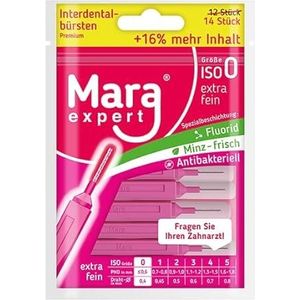 MARA EXPERT Interdentale borstel roze 0,4 mm ISO 0 extra fijn | 12 + 2 interdentale borstels | 16% extra | borstels voor interdentale ruimtes | met muntsmaak - chlorhexidin - fluoride