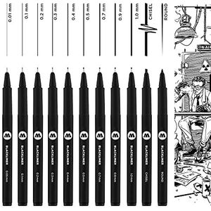 Molotow Blackliner Fineliner met permanente inkt, onuitwisbaar, etui, wigvormige punt, ronde punt, lijndikte 0,05 - 1,0 mm, zwart, 11 stuks