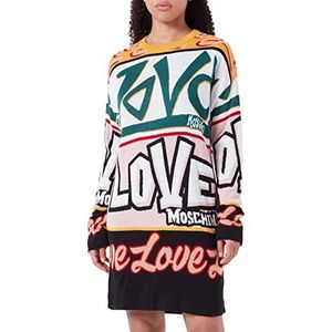 Love Moschino Comfort Fit Long-Sleeved Jurk in Blended Wool met Graffiti Jacquard Intarsia damesjurk, zwart, wit, geel, groen, zwart, 42, zwart, wit, geel, groen, zwart