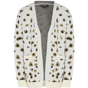 Fenia Cardigan en tricot pour femme avec col en V et motif léopard blanc laine à carreaux Taille XL/XXL, Leo blanc cassé, XL