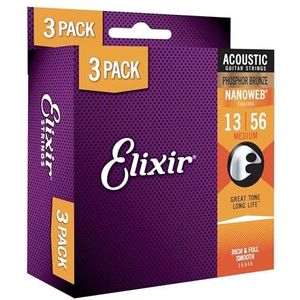 Elixir® Strings 16546 akoestische gitaarsnaren, 3 stuks, fosforbrons met Nanoweb-coating, maat M (.013-.056)