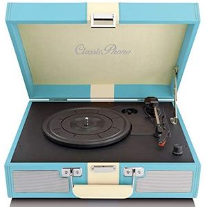 Set van 33 klassieke Phono TT-platen, retro speler, oppervlak van kunstleer, AUX-ingang, RCA-lijnuitgang, blauw