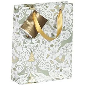 Clairefontaine 212893C – een hoogwaardige cadeautas – middelgroot formaat – 17 x 6 x 22 cm – 170 g – motief: groene en gouden herten op witte achtergrond, Kerstmis – geschenkverpakking, ideaal voor: boektas, speeldoos, parfum