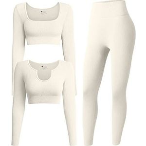 OQQ Dames 3-delige outfit - korte mouwen tops - leggings met hoge taille - yoga, Beige