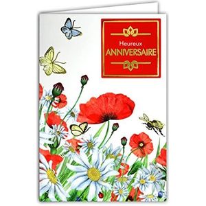 Afie 65-1226 Wenskaart voor verjaardag, bloemenboeket, margrieten, rode klaprozen, vlinders met goud, gemaakt in Frankrijk