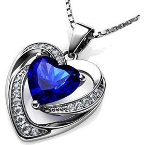DEPHINI - Blauwe hartketting – hartvormige hanger van 925 zilver met witte en blauwe zirkonia voor dames, zirkoniumoxide, Lak Zirkonia sterling zilver, Zirkonia