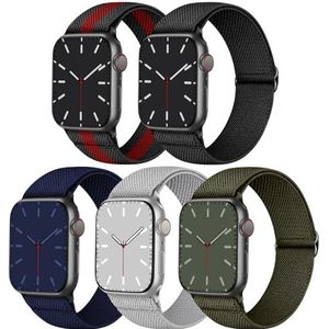 5 stuks elastische gevlochten bandjes voor Apple Watch 41 mm 40 mm 38 mm 45 mm 44 mm 42 mm nylon gevlochten bandjes voor Apple Watch 9/SE/8/7/6/5/4/3/2/1, 42 mm/44 mm/45 mm