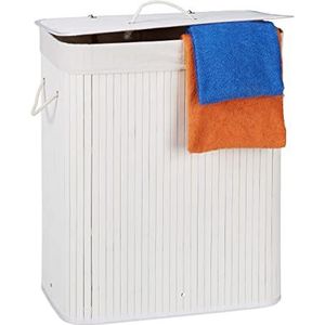 Relaxdays wasmand 2 vakken - bamboe wasbox - 95 liter - opvouwbaar - met deksel - wit