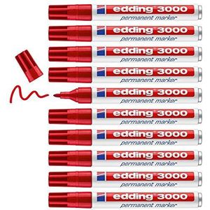 edding Permanentmarker 3000 stuks, rood, 10 pennen, ronde punt, 1,5-3 mm, permanente marker, sneldrogend, permanente marker, waterdicht voor karton, kunststof, hout, metalen universele markers