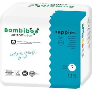 Bambiboo Cottonwear Maat 2 Mini - Biologische luiers - hoogwaardige babyluiers - gecertificeerde luiers - ademend - navelhals - milieuvriendelijke wegwerpluiers - 3-8 kg - 26 luiers