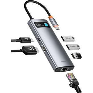 Baseus 6-in-1 USB C Hub-adapter met 4K HDMI, Gigabit Ethernet, 100W PD USB C, 3 USB A 3.0, USB-dockingstation voor MacBook Pro/Air, Surface Pro, iPad Pro, Dell, Steam