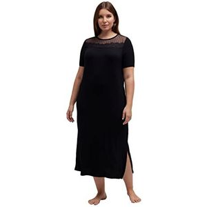 Ulla Popken Dames nachthemd in grote maat, kant, ronde hals, halve mouwen, lange mouwen, 797910, zwart.