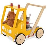 PINOLINO Fred pechwagen met remsysteem, sleepkabel, rubberen houten wielen en kiepuitsparingen, geel gelakt