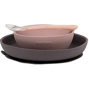 Nattou Lunchset van siliconen voor kinderen, 3-delig, 1 lepel, 1 bord, 1 kom, antislip, BPA-vrij, siliconen, roze/paars