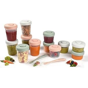 Béaba, Set met 12 bewaarpotjes en 2 siliconen lepels, clip, stapelbare en in elkaar passende potjes, 100% hermetisch, schaalverdeling, vriezer, moedermelk (2 x 90 ml & 4 x 150 ml & 6 x 250 ml), eucalyptus