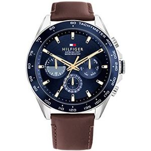 Tommy Hilfiger 1791965 Herenhorloge, analoog, multifunctioneel, kwarts, met bruine leren band, Blauw, 1791965-AMZUK