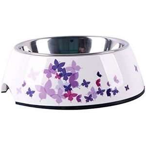 Dehner Honden- en kattenvoerbak Ø 17,5 cm hoogte 5 cm 350 ml melamine / roestvrij staal / rubber wit/paars